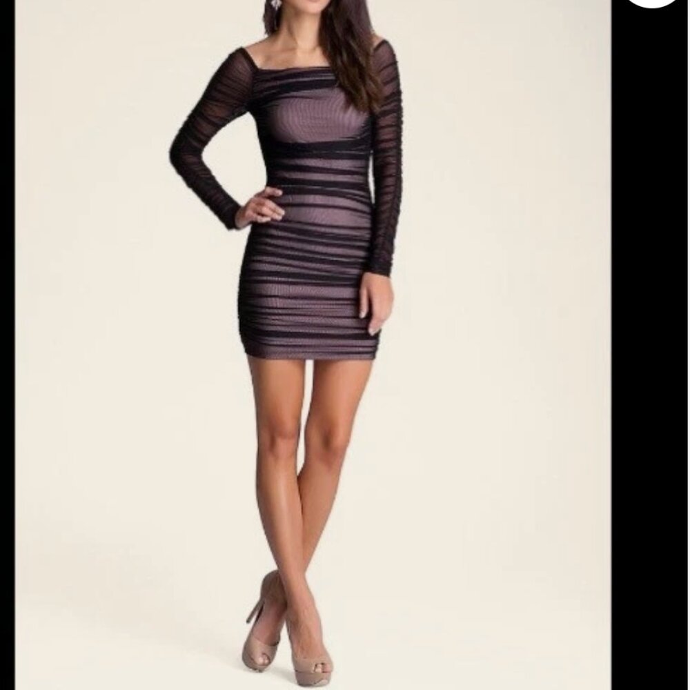 bebe Sheer Black and Pink Long Sleeve Dress